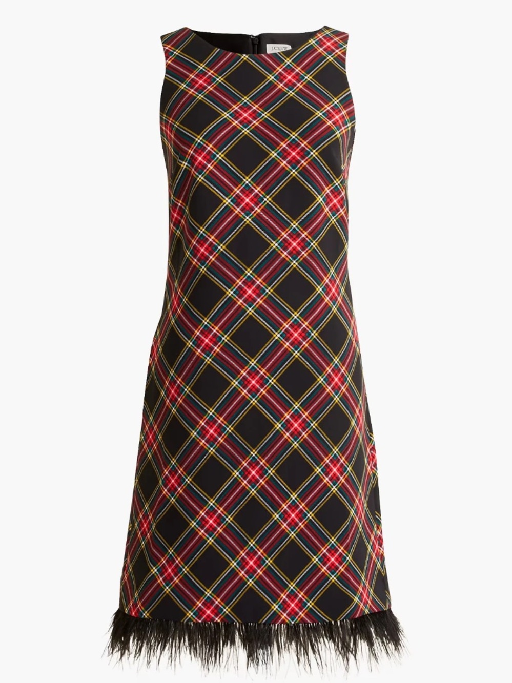 J. Crew Factory Sheath Dress Tartan Plaid Feather Trim Holiday 8 NWT